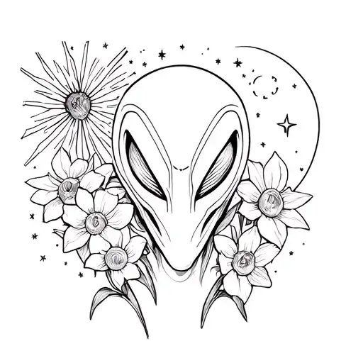 Alien Head And Daffodils And Star Bursts And Moon