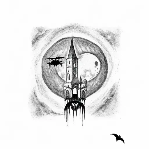 Gothic Castle With Bats Flying And A Moon Behind