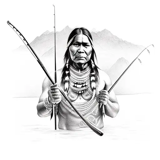 A Sketch-style Tattoo Of A Native American Holding A Fishing Rod With A Beautiful Lake Backdrop