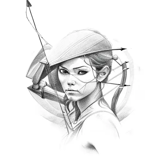 A Detailed Sketch Of A Female Archer Standing Amidst A Thunderstorm