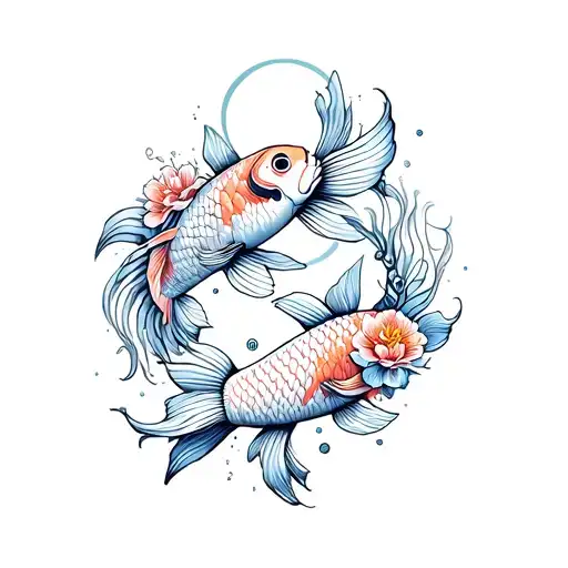 Two Koi Fish With Flowers And A Sun And Moon