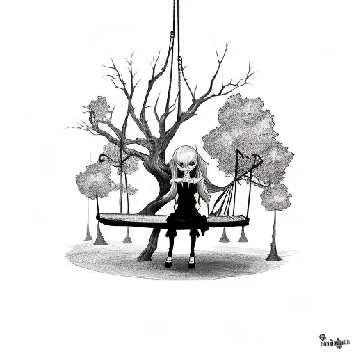 A Scary Girl Sitting On A Swing Near The Tree
