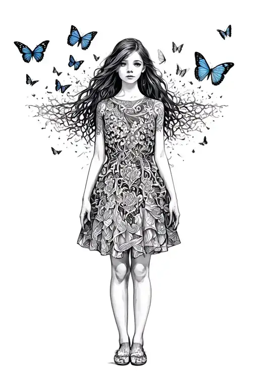 Full Body Of Girl Standing As Half Of Her Body Becoming Butterflies Flying Away