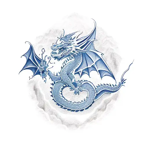 Dragon In Long Blues And Red
