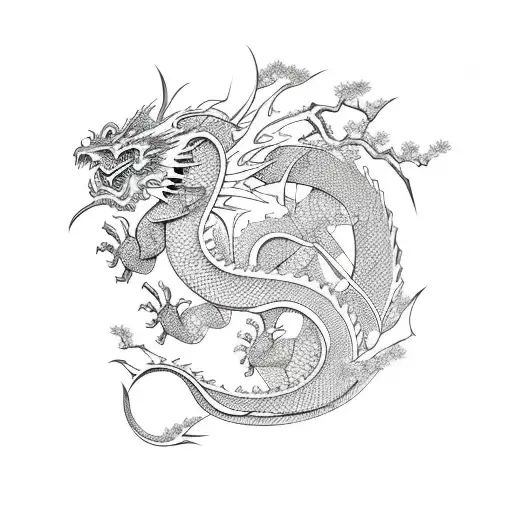 Japanese Dragon And Cherry Blossom Flowers