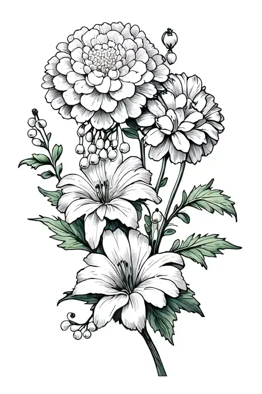 One Marigold And One Hydrangea And One Lily Of The Valley