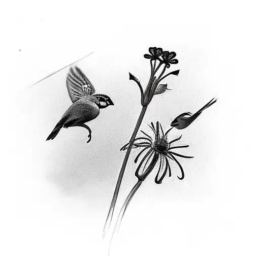 Four Tiny Sparrow Silhouttes Flying Next To Wildflower