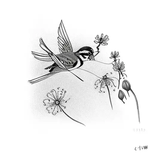 Four Small Sparrows Flying Next To Wildflower