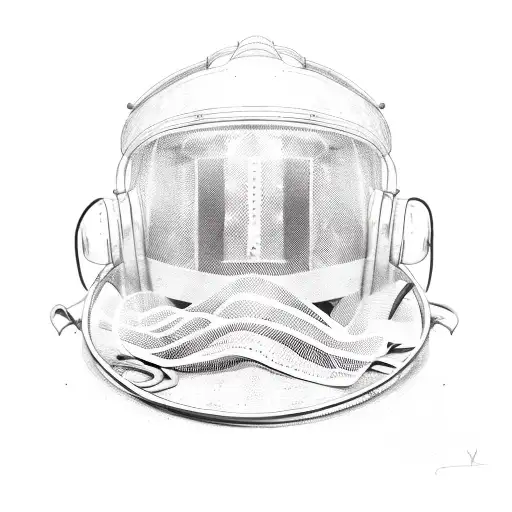 A Detailed Sketch Of A Firefighter's Helmet Surrounded By Music Notes And Flames