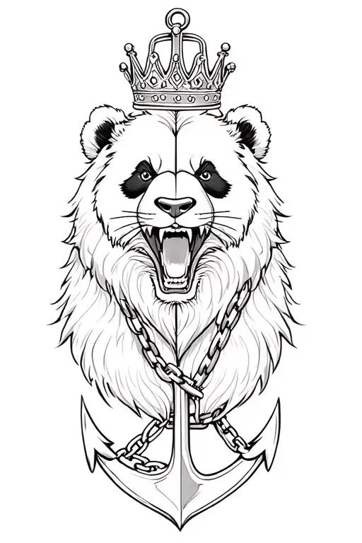 Half Panda And Half Lion Roaring Wearing Crown With Anchor And Chain