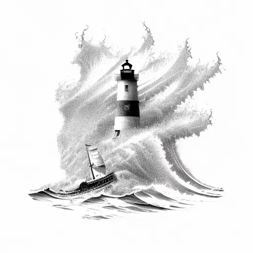 A Powerful Tidal Wave Crashing Against A Lighthouse