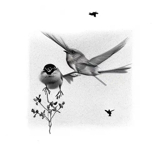 Four Small Bird Silhouettes Flying Next To Wildflower