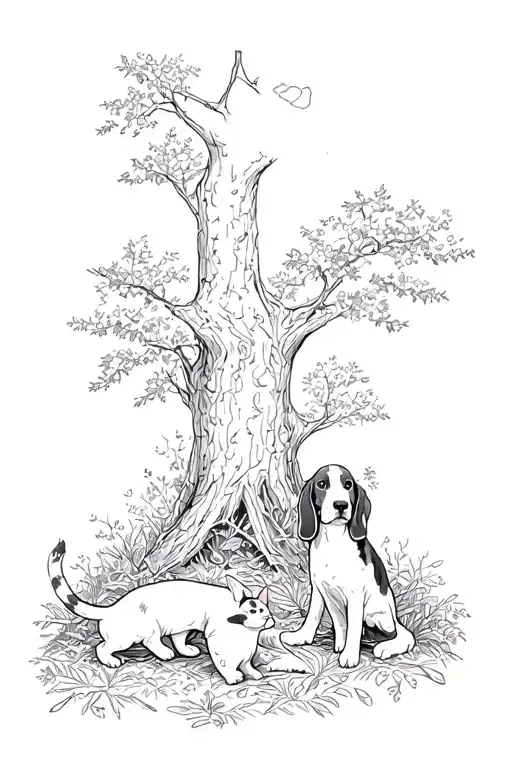 Woodland Forest With Cats And Basset Hounds Playing