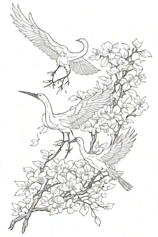 2 Cranes And Blossom Tree Petals Falling Leaves