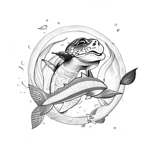 Draw In Tattoo Style A Mermaid Swimming With A Turtle