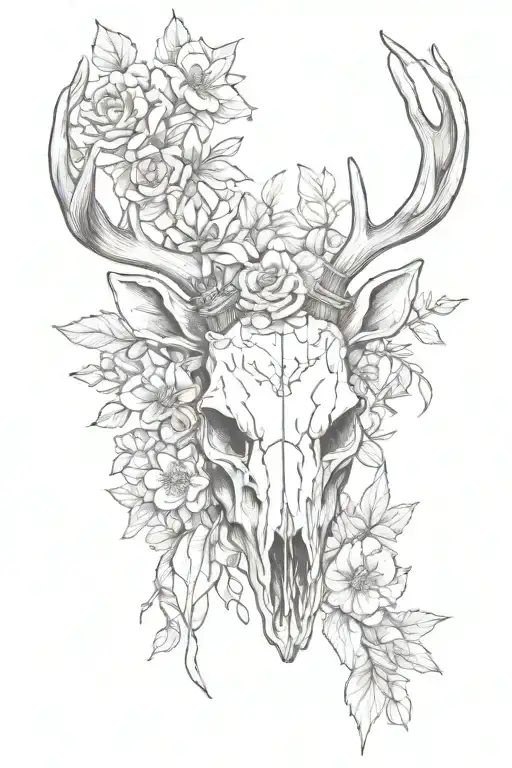Deer Skull With Flowers On Its Horns