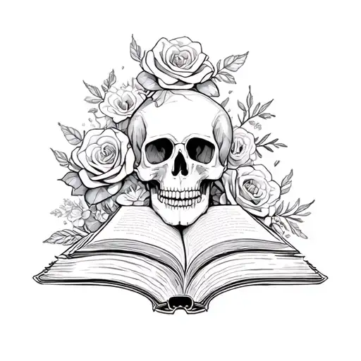 Skull Roses And Books Surrounded By Florals