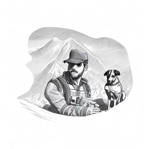 Hunter Holding A Gun Along With His Dog Standing In An Coffee Estate Looking At An Mountain