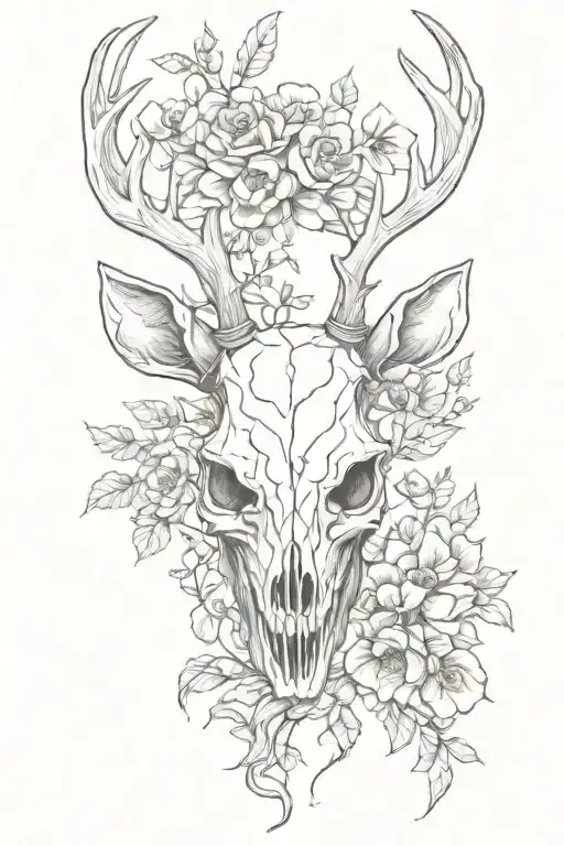 The Skull Of A Deer With Flowers Blooming On Its Horns
