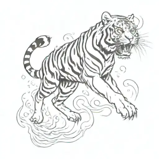 Tiger With Tribal Stripes In Flames Jumping