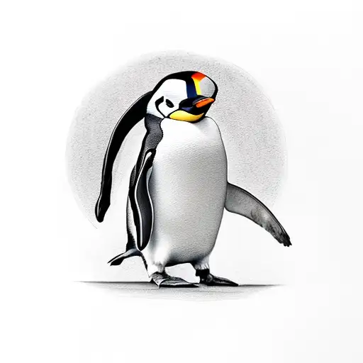 A Realistic Black And Grey Tattoo Of A Penguin Standing On A Stack Of Suitcases