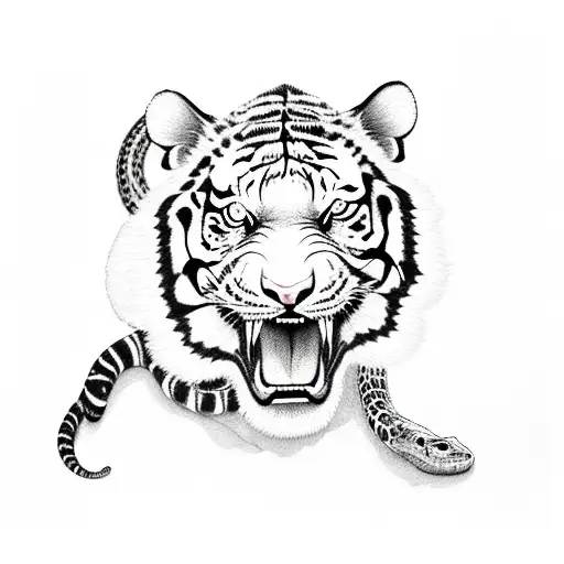 Tiger And Alligator With Flowers And A Snake In Between