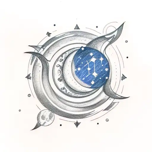 A Sketch-style Tattoo Of A Capricorn Constellation Merging With A Moon And Galaxy