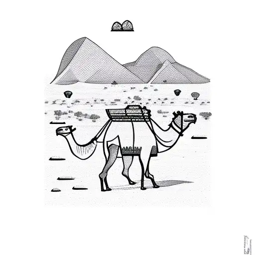 Camel In The Desert With Moutains And Sunset