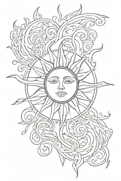 Sketch Of A Sun Tattoo On A White Background With Smooth Lines