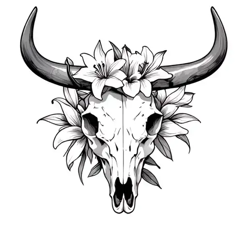 Bull Skull With Lilies Wrapped