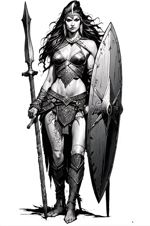 Ares As A Female Spartan With Spear And Shield Adorned