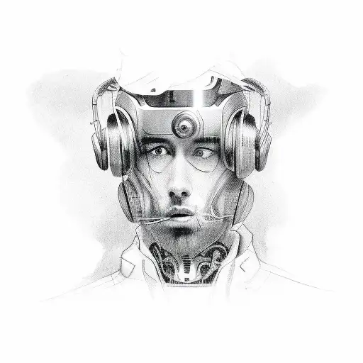 A Realistic Portrait Of A Famous Musician Surrounded By Robot Companions