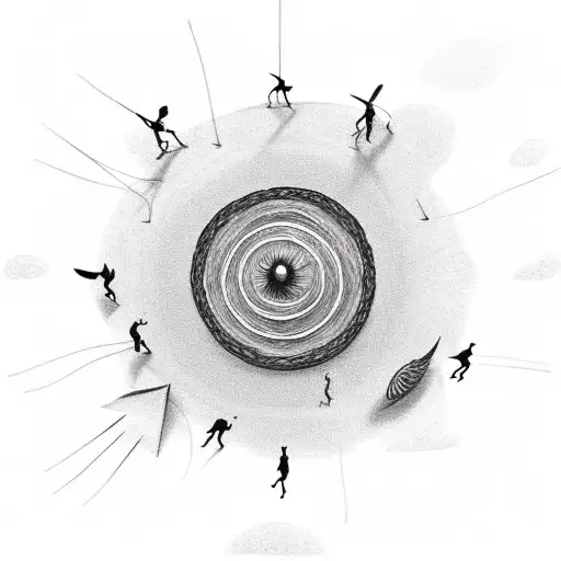 Very Small Miniature Stick Figure Characters Standing In A Circle Around A Burning Sun