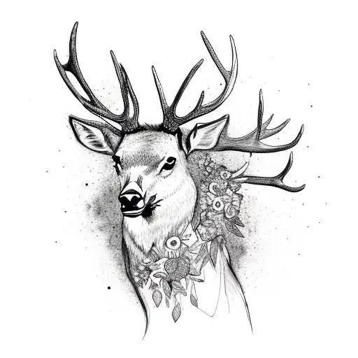 Abstract Elk With Flowers And Birds