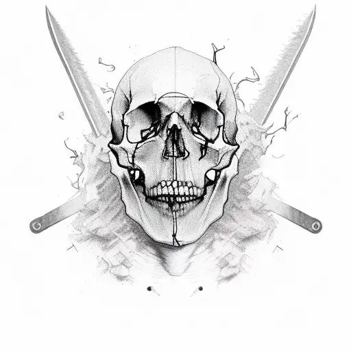 A Man Stabbed Through The Head Half Withering Away And The Other Half Of His Face Is A Skull