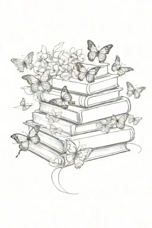 Stack Of Books With Line Work Butterflies And Flowers