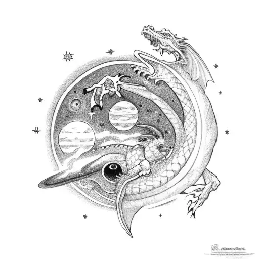 Dragon Having Jupiter In His Above And Crescent Momm Below The Head