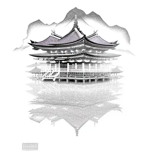 A Dotwork Representation Of A Japanese Temple With A Spartan Warrior Meditating In Front