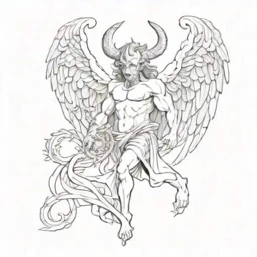 Devil's Figure With Angel's Wings And Ring Tattoo Design