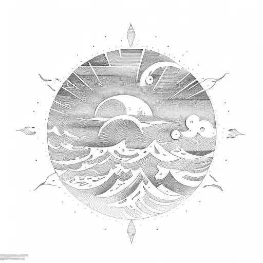 Sun Mountains And Waves In A Cicular Shape