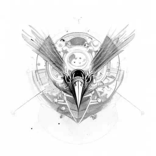 Abstract Sketch Of A Mechanical Raven With A Demonic Eye Spreading Its Wings