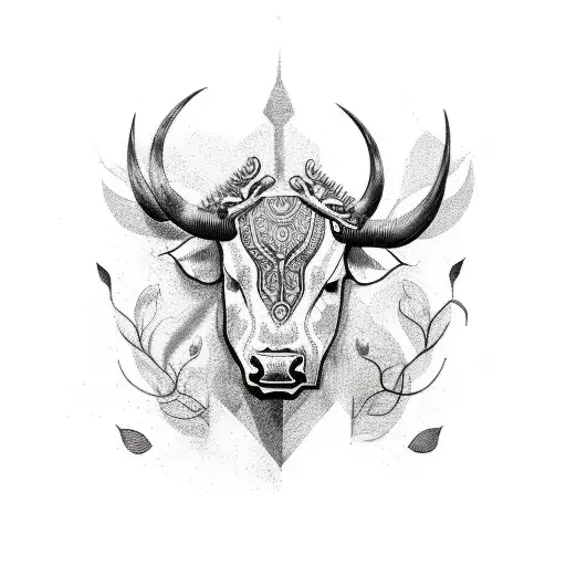 A Blackwork Tattoo Of A Bull's Head With Intricate Plant Patterns Forming The Horns