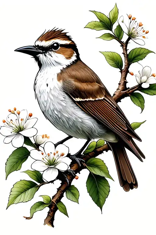 Shrike Bird With Curved Beak On A Hawthorn Tree Branch With White Flowers
