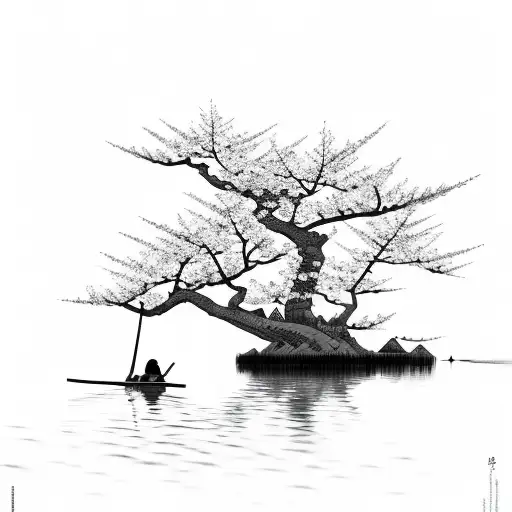 Samurai Sleeping Next To Cherry Blossom Tree At A Lake