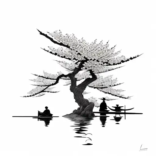 Samurai Sleeping Next To Cherry Blossom Tree At A Lake