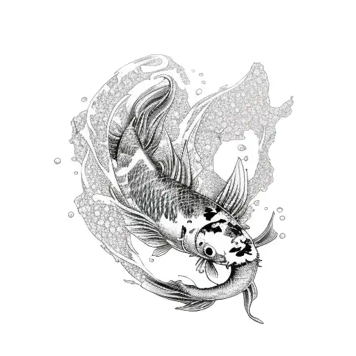 Koi Fish Swimming In Water That Turns Into A Japanese Dragon Wrapping Around A Cherry Blossom