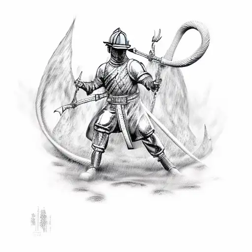 A Firefighter And Temple Knights Joining Forces To Fight A Mythical Creature