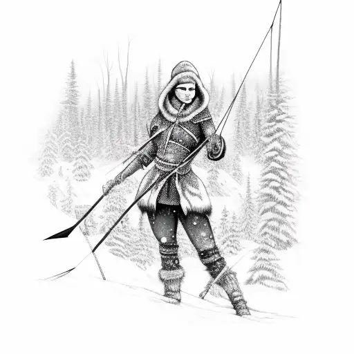 Full Body Winter Huntress Holding Bow And Arrow