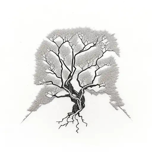 Kintsugi-inspired Blackwork Tattoo Featuring A Willow Tree And Mended Cracks