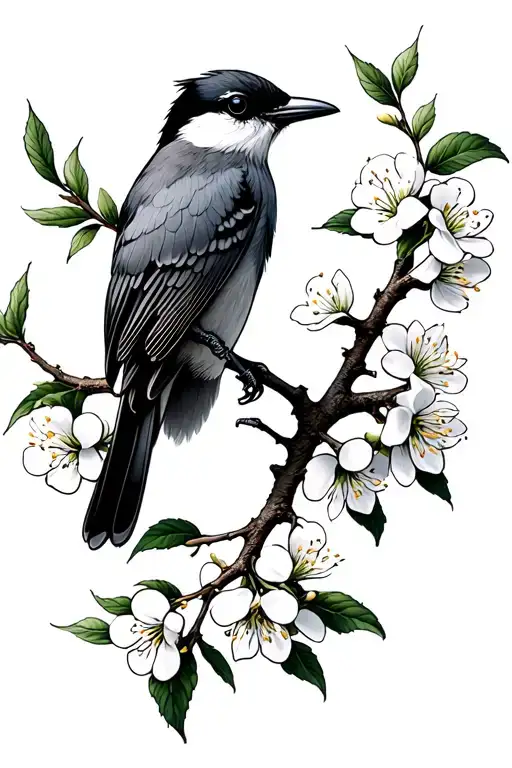 Black And Grey Shrike Bird With Curved Beak On A Hawthorn Tree Branch With White Flowers